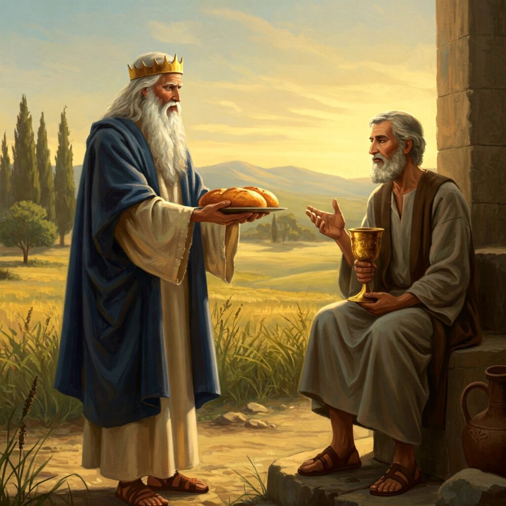 Painting of Melchizedek offering bread and wine to Abraham, illustrating Steiner's Anthroposophy view of new initiation