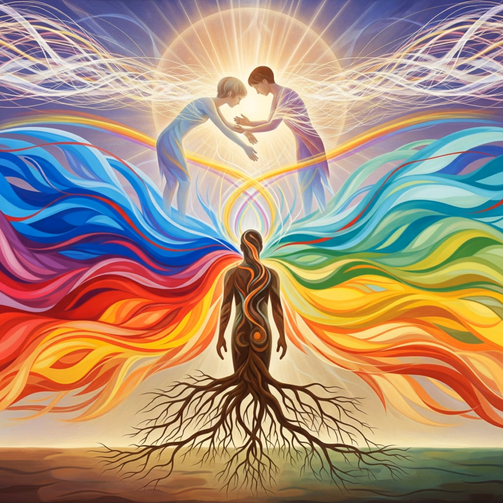 Symbolic artwork inspired by Rudolf Steiner's spiritual science. It depicts a human figure experiencing the world through twelve senses, ranging from physical self-awareness (lower senses like touch, life, movement, balance) to worldly qualities (middle senses like sight, hearing, smell, taste, warmth) and perception of the spirit in others (higher senses like word, thought, and 'I'-sense), illustrating holistic human perception and connection.