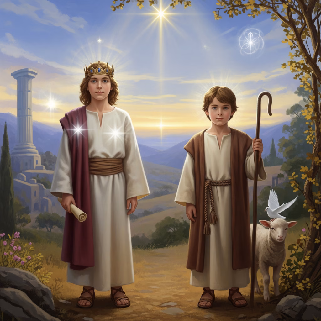 Symbolic artwork based on Rudolf Steiner's Anthroposophy, depicting the Two Jesus Children. It shows the distinct spiritual qualities of the Solomon Jesus (wisdom) and Nathan Jesus (purity/love), hinting at their roles in preparing for the incarnation of the Cosmic Christ Spirit.