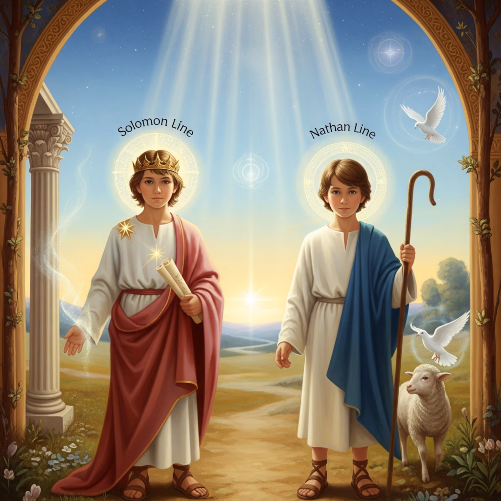 Symbolic artwork based on Rudolf Steiner's Anthroposophy, depicting the Two Jesus Children. It shows the distinct spiritual qualities of the Solomon Jesus (wisdom) and Nathan Jesus (purity/love), hinting at their roles in preparing for the incarnation of the Cosmic Christ Spirit.