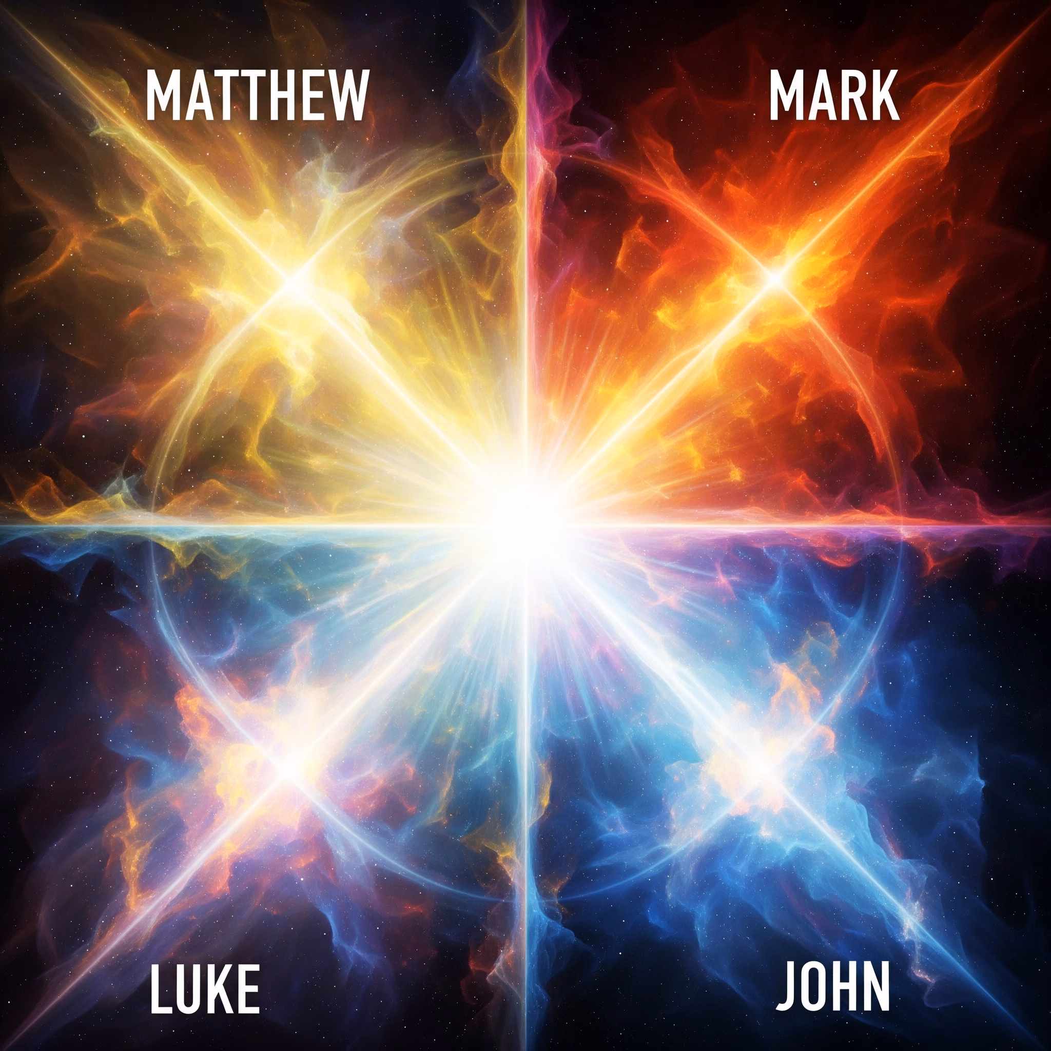 Symbolic artwork based on Rudolf Steiner's spiritual science. It depicts the Four Gospels through their symbols (Man, Lion, Bull, Eagle) offering unique perspectives on the central Christ Being, illustrating their distinct spiritual missions and interconnectedness.