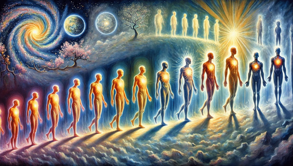 Symbolic Anthroposophical image depicting Steiner's view of consciousness evolution: indistinct group forms transitioning into distinct human figures with inner light, representing the shift from group soul to individual 'I' consciousness.