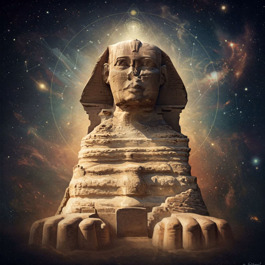 Symbolic Anthroposophical image of the Great Sphinx, representing Steiner's interpretation as a monument to human evolution, consciousness, and the enduring riddle of self-knowledge.