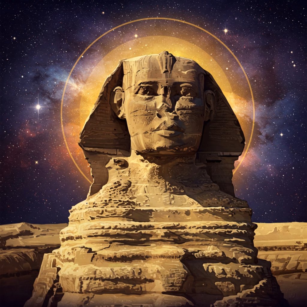 Symbolic Anthroposophical image of the Great Sphinx, representing Steiner's interpretation as a monument to human evolution, consciousness, and the enduring riddle of self-knowledge.