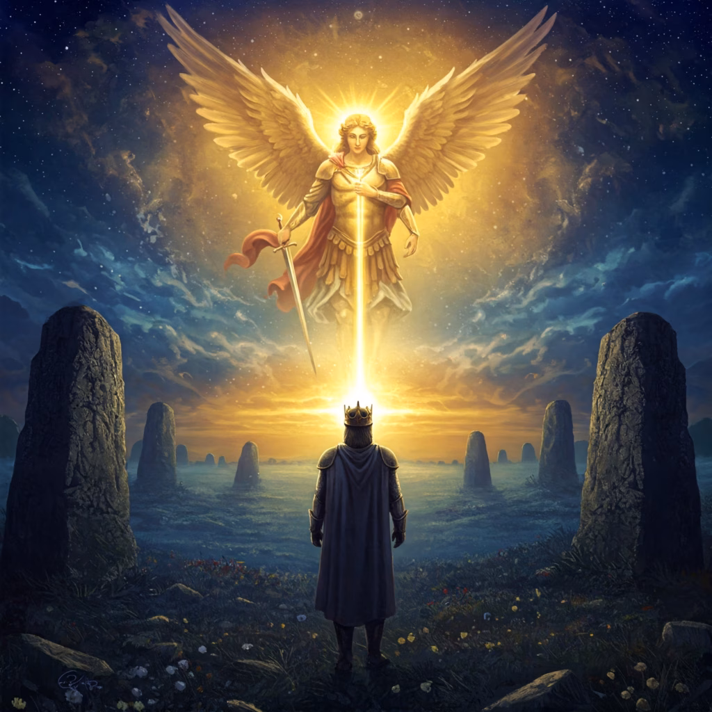 Symbolic convergence of Archangel Michael with sword of light, King Arthur in armor, and a glowing Holy Grail, representing their shared spiritual mission amidst a mystical landscape.
