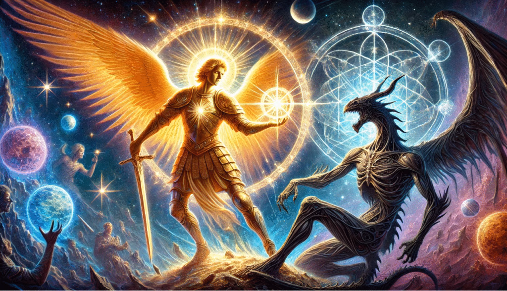Symbolic Anthroposophical image of Archangel Michael as a being of light and cosmic intelligence, actively battling a shadowy dragon (Ahriman), representing Steiner's view of Michael's mission in our age.