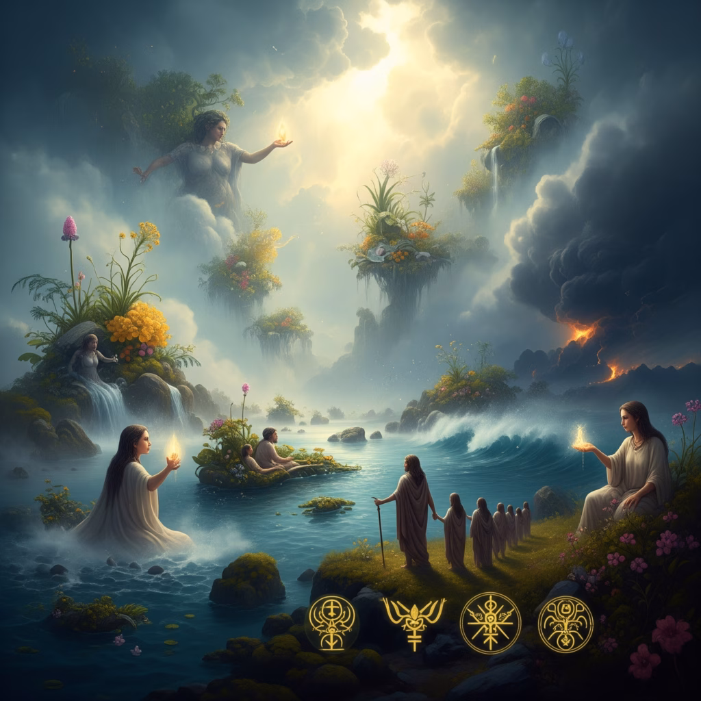Symbolic artwork based on Rudolf Steiner's spiritual science. It depicts the lost continent of Atlantis with its misty atmosphere, unique inhabitants using life forces, and hints of its catastrophic end and enduring legacy for human evolution.