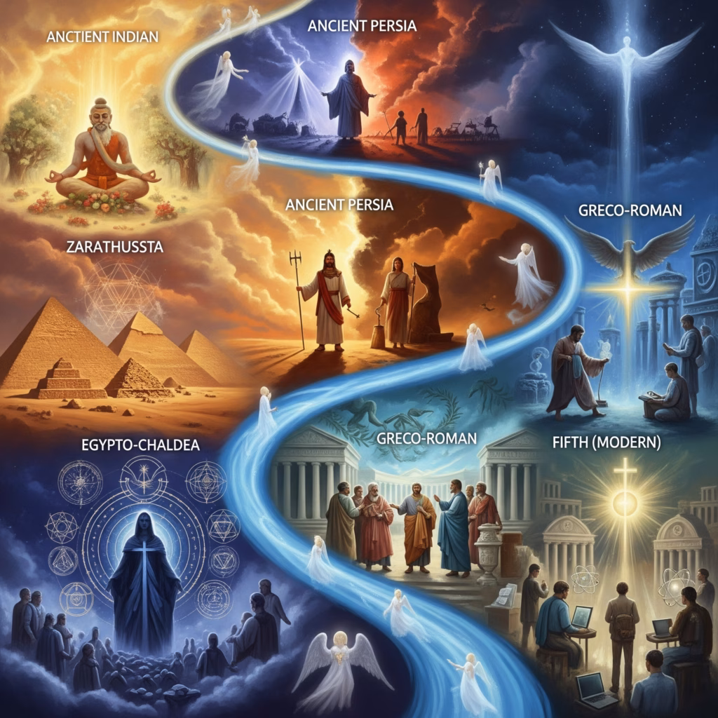 Symbolic artwork based on Rudolf Steiner's spiritual science. It depicts humanity's journey through Post-Atlantean cultural epochs (Indian, Persian, Egyptian, Greco-Roman, Modern), showing evolving consciousness and spiritual missions, guided by spiritual light and the central Christ impulse