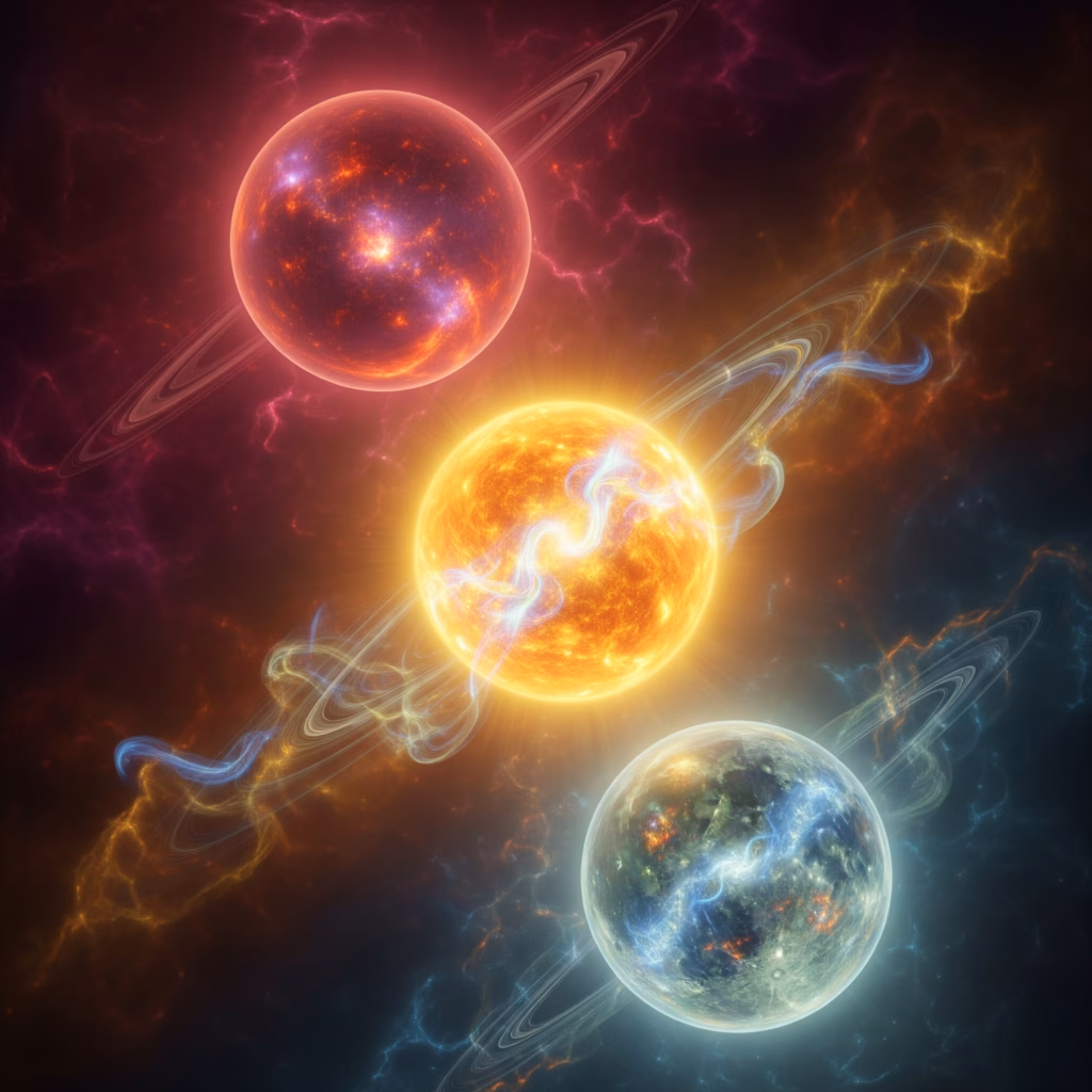 Symbolic artwork based on Rudolf Steiner's spiritual science. It depicts the cosmic evolution through Old Saturn (warmth), Old Sun (light/air), and Old Moon (watery/soul life), showing the gradual formation of the human being through the sacrificial activity of Spiritual Hierarchies, illustrating Earth's primordial origins.