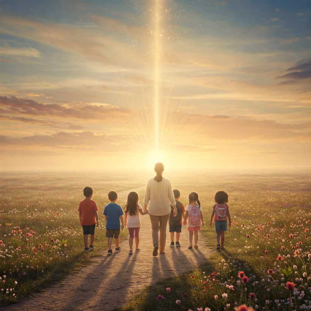 Teacher guiding children on spiritual path - representing Education as a Spiritual Task.