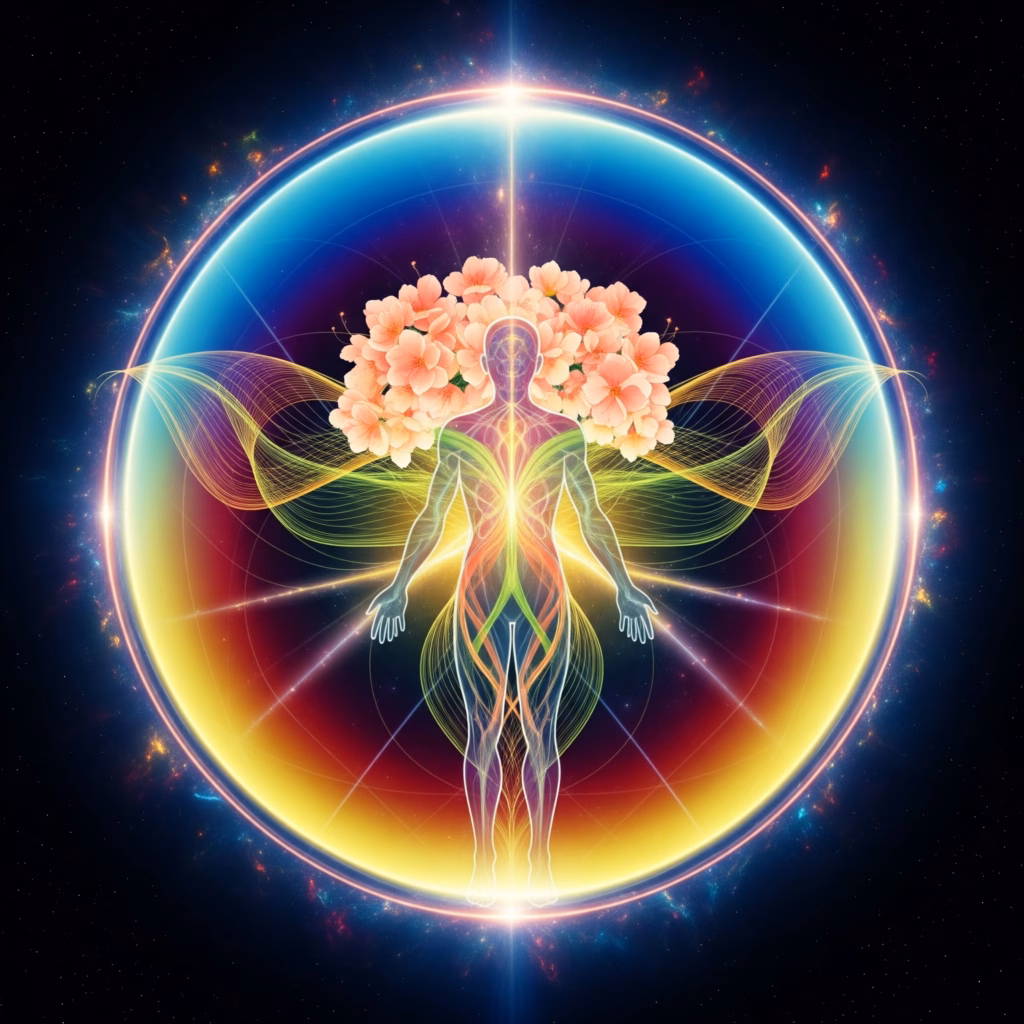 Symbolic artwork based on Rudolf Steiner's spiritual science. It depicts the human constitution with a physical form interpenetrated by a luminous etheric body (life forces) and a vibrant astral body (soul life), illustrating our unseen spiritual members