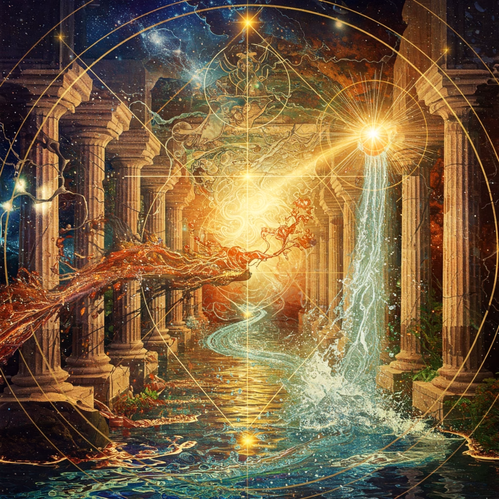 Artwork showing cosmic forces and hierarchies influencing ancient Greece via the Rudolf Steiner Olympian Gods view.