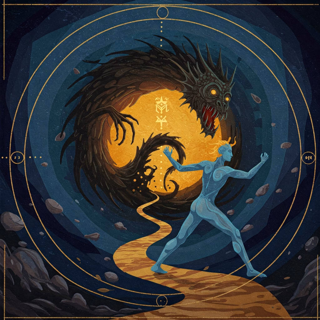 Symbolic Anthroposophical image depicting Steiner's view of hero myths: a hero figure (representing the human 'I') confronts a shadowy monster (inner lower nature) on a path, symbolizing inner struggle and the initiation journey.
