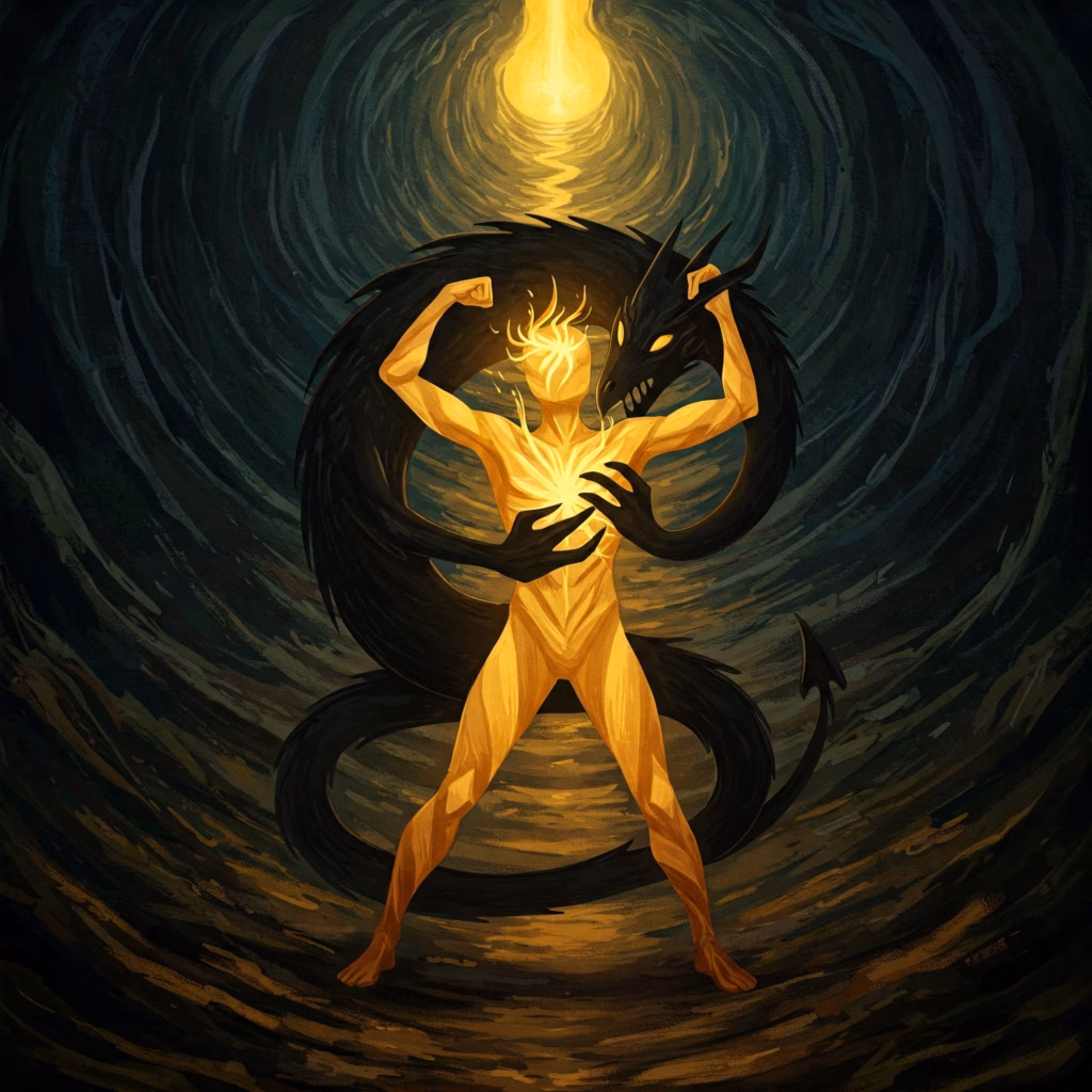 Symbolic Anthroposophical image depicting Steiner's view of hero myths: a hero figure (representing the human 'I') confronts a shadowy monster (inner lower nature) on a path, symbolizing inner struggle and the initiation journey.