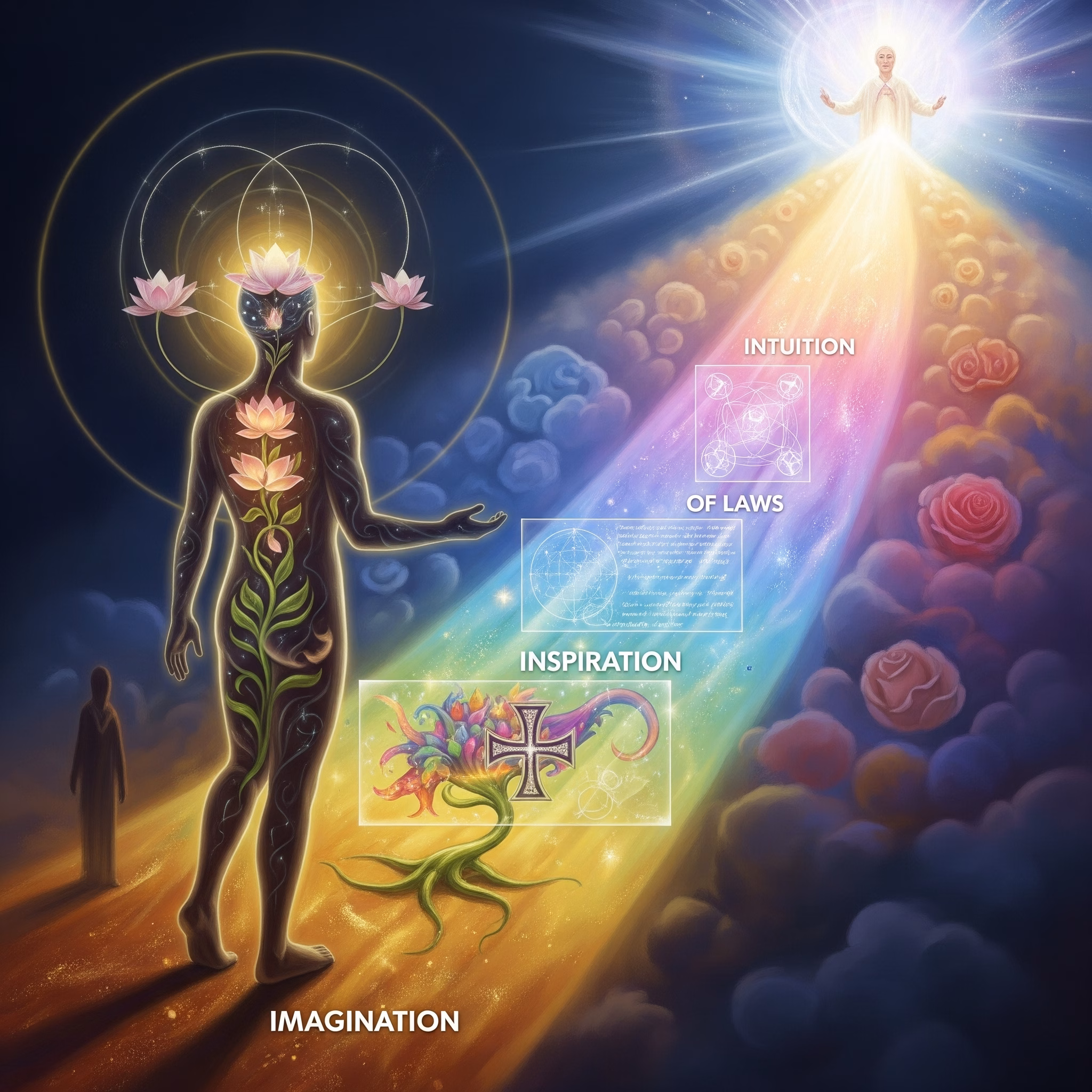Symbolic artwork based on Rudolf Steiner's 'Path to Higher Worlds.' It depicts a human figure on a transformative journey towards spiritual perception, with elements suggesting Imagination, Inspiration, Intuition, and the awakening of inner faculties