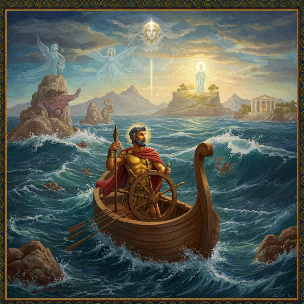 Symbolic artwork based on Rudolf Steiner's spiritual science view of Homer's Odyssey. It depicts Odysseus navigating trials at sea, with suggestive elements of Sirens and Ithaca, representing the soul's evolutionary journey and quest for spiritual homecoming.