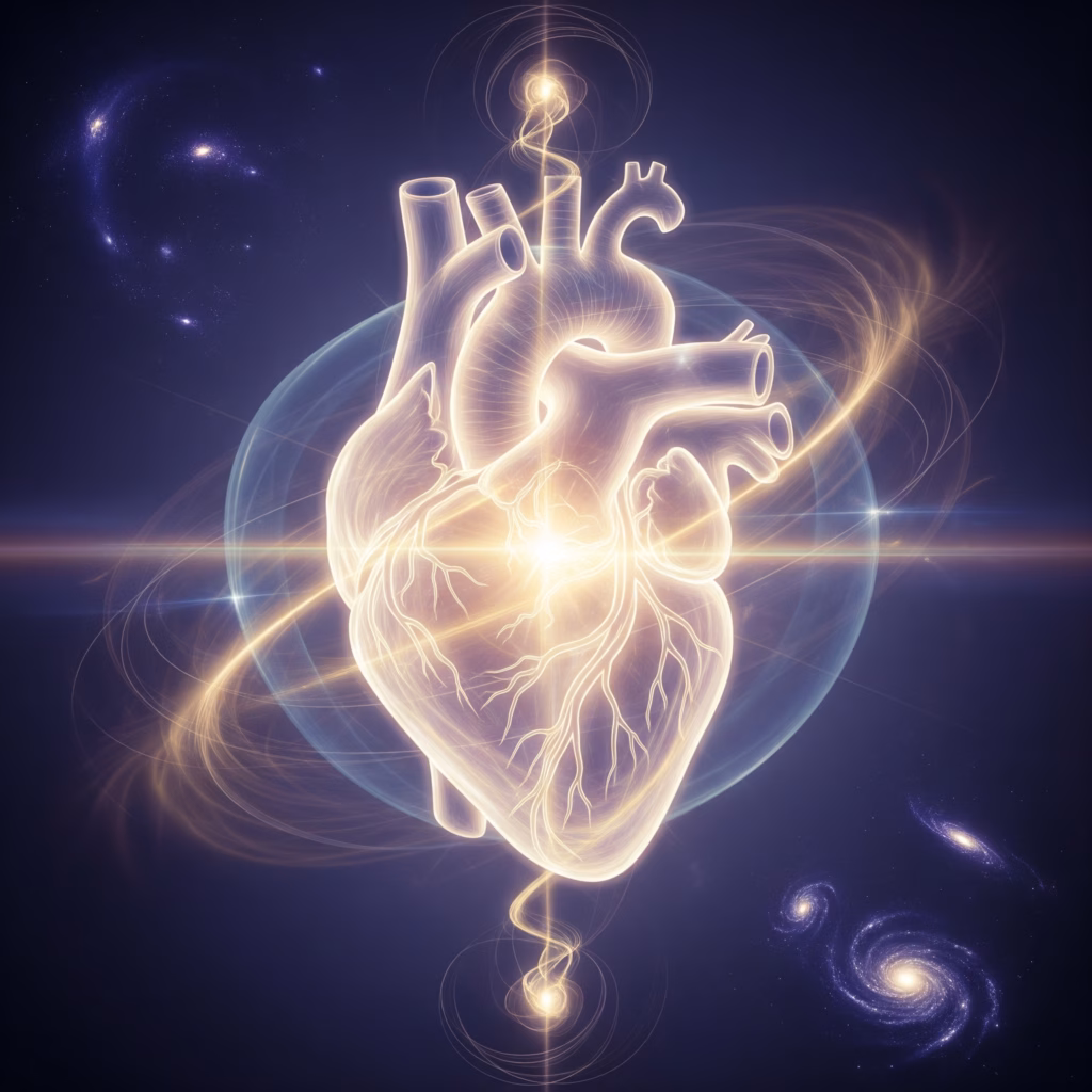 "A spiritualized, luminous depiction of the human heart, radiating light and energy, symbolizing Rudolf Steiner's insights into its true nature as an organ of perception and connection to the cosmos, beyond a physical pump." Sources