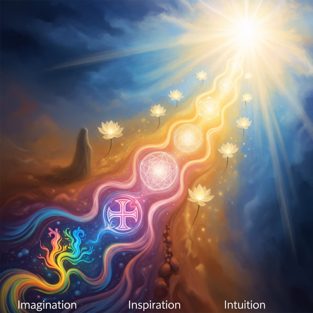 Symbolic artwork based on Rudolf Steiner's 'Path to Higher Worlds.' It depicts a human figure on a transformative journey towards spiritual perception, with elements suggesting Imagination, Inspiration, Intuition, and the awakening of inner faculties
