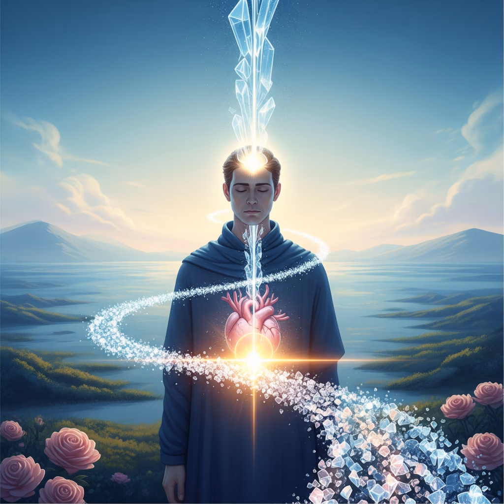 Symbolic artwork inspired by Rudolf Steiner's Philosophy of Freedom. It depicts a human figure on a path of illuminated, intuitive thinking, leading to inner clarity, spiritual insight, and true freedom, suggesting the concept of 'thinking with the heart'