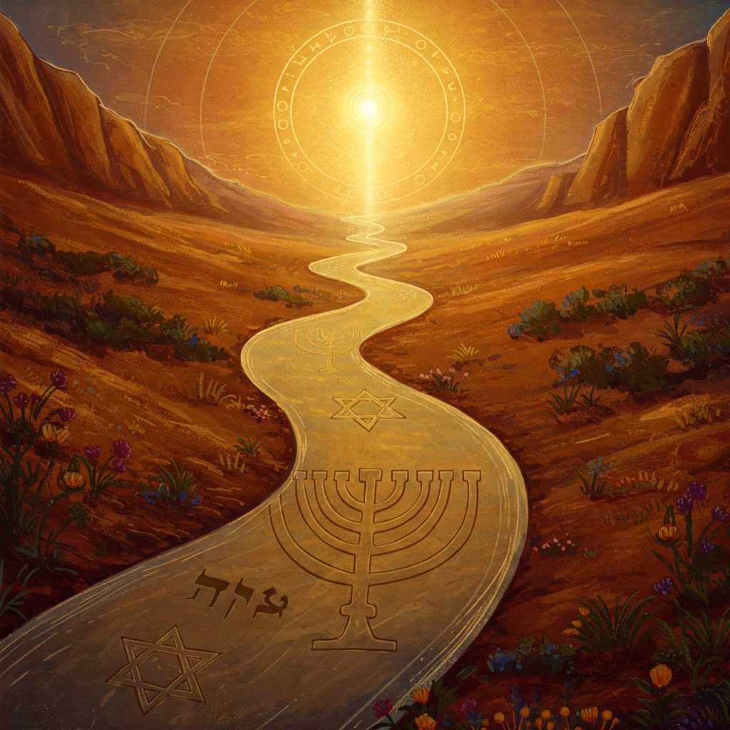 Symbolic depiction of Steiner's view on Jesus' Hebrew heritage: a historical stream with Hebrew motifs leading to a culmination point of spiritual light, representing the preparation for Christ's incarnation. Anthroposophical style.