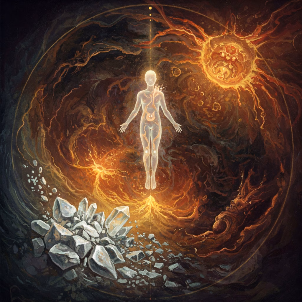 Symbolic Anthroposophical image of afterlife: a soul amidst swirling forms of Kamaloka purification, contrasted with hardened structures representing the Eighth Sphere below and a path towards spiritual light above. Steiner concept of hell/afterlife.