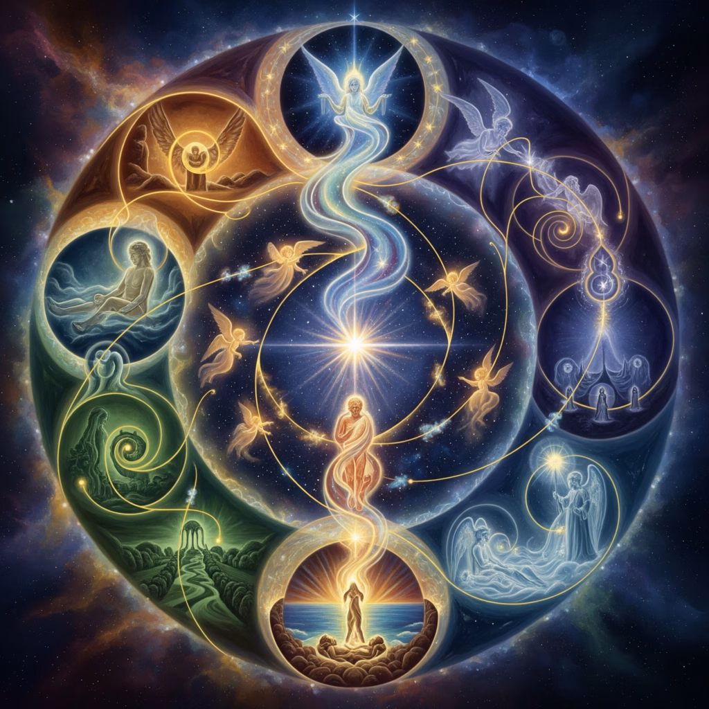 Symbolic artwork based on Rudolf Steiner's spiritual science. It depicts the soul's journey through karma and reincarnation, with interwoven threads of destiny connecting earthly lives and spiritual realms, suggesting cosmic wisdom and evolution.