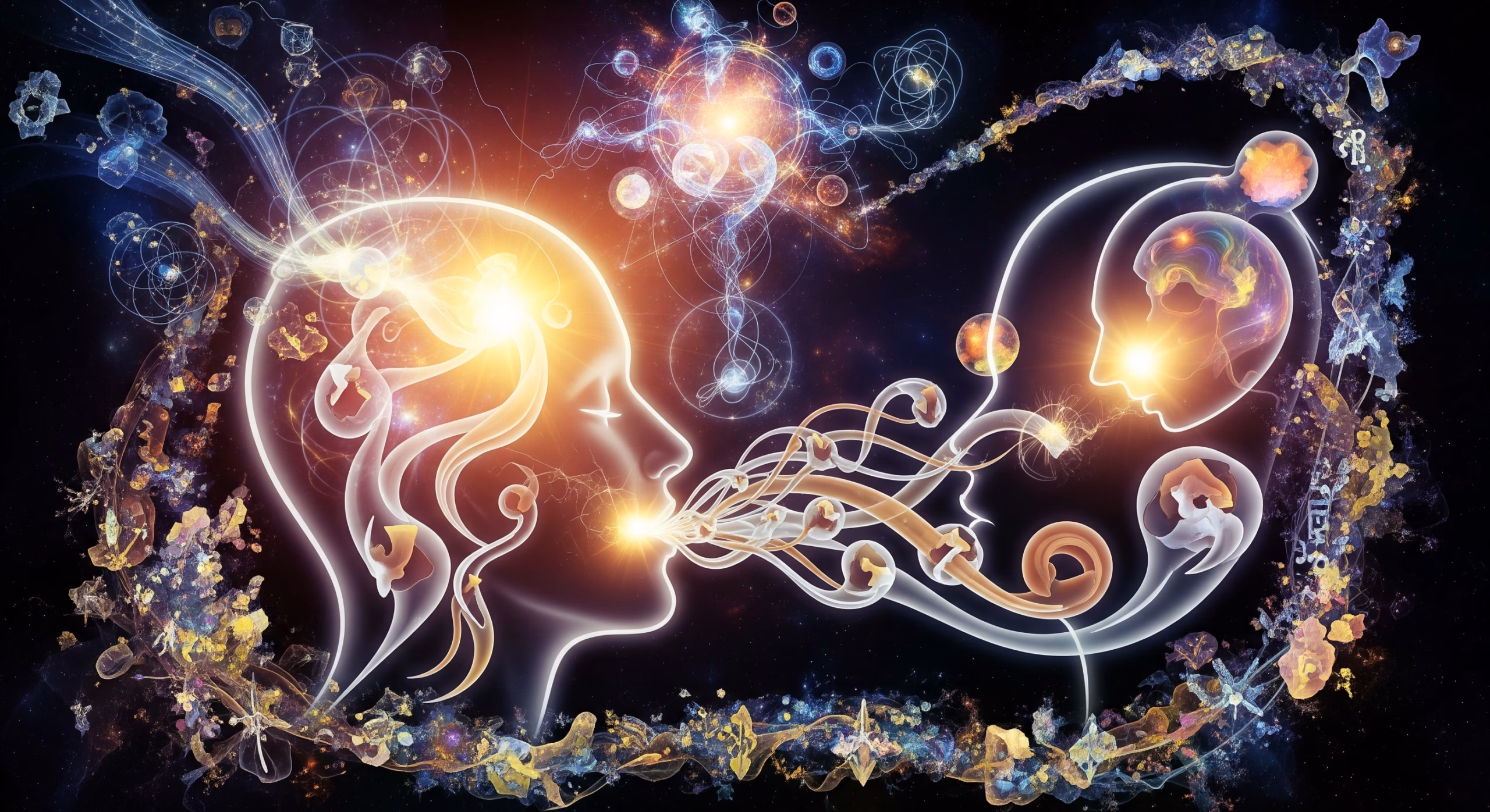 Symbolic artwork inspired by Rudolf Steiner's spiritual science. It depicts the power of the Word: a human figure engaged in creative speech, with vowels and consonants as living forces, all echoing the Cosmic Logos (Divine Word), illustrating language's spiritual essence