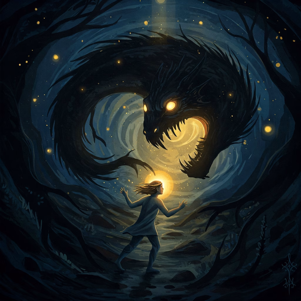 Symbolic Anthroposophical image depicting Steiner's view of hero myths: a hero figure (representing the human 'I') confronts a shadowy monster (inner lower nature) on a path, symbolizing inner struggle and the initiation journey.