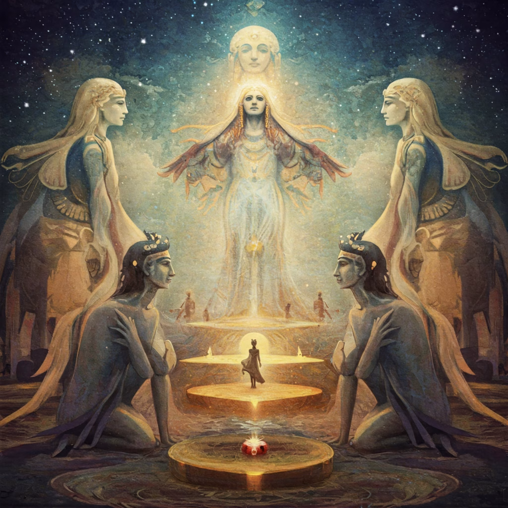 Symbolic representation of Steiner's view of Mark's Gospel: a dynamic burst of light representing Christ's cosmic power breaking into a darker scene, overcoming shadowy forms, conveying energy and decisive spiritual action in an Anthroposophical style.