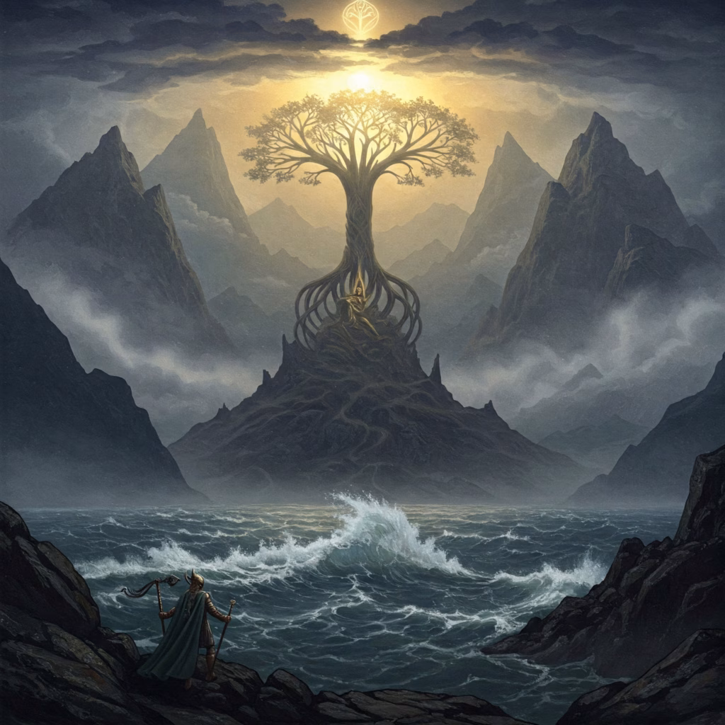 Yggdrasil world tree with Norse gods, representing the cosmos in Rudolf Steiner Norse Mythology.