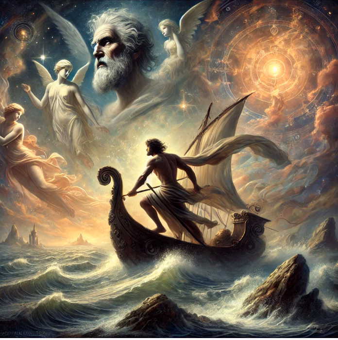 Symbolic artwork based on Rudolf Steiner's spiritual science view of Homer's Odyssey. It depicts Odysseus navigating trials at sea, with suggestive elements of Sirens and Ithaca, representing the soul's evolutionary journey and quest for spiritual homecoming.