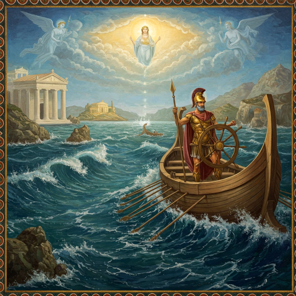 Symbolic artwork based on Rudolf Steiner's spiritual science view of Homer's Odyssey. It depicts Odysseus navigating trials at sea, with suggestive elements of Sirens and Ithaca, representing the soul's evolutionary journey and quest for spiritual homecoming.