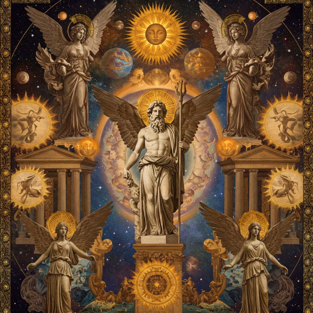 Artwork showing cosmic forces and hierarchies influencing ancient Greece via the Rudolf Steiner Olympian Gods view.