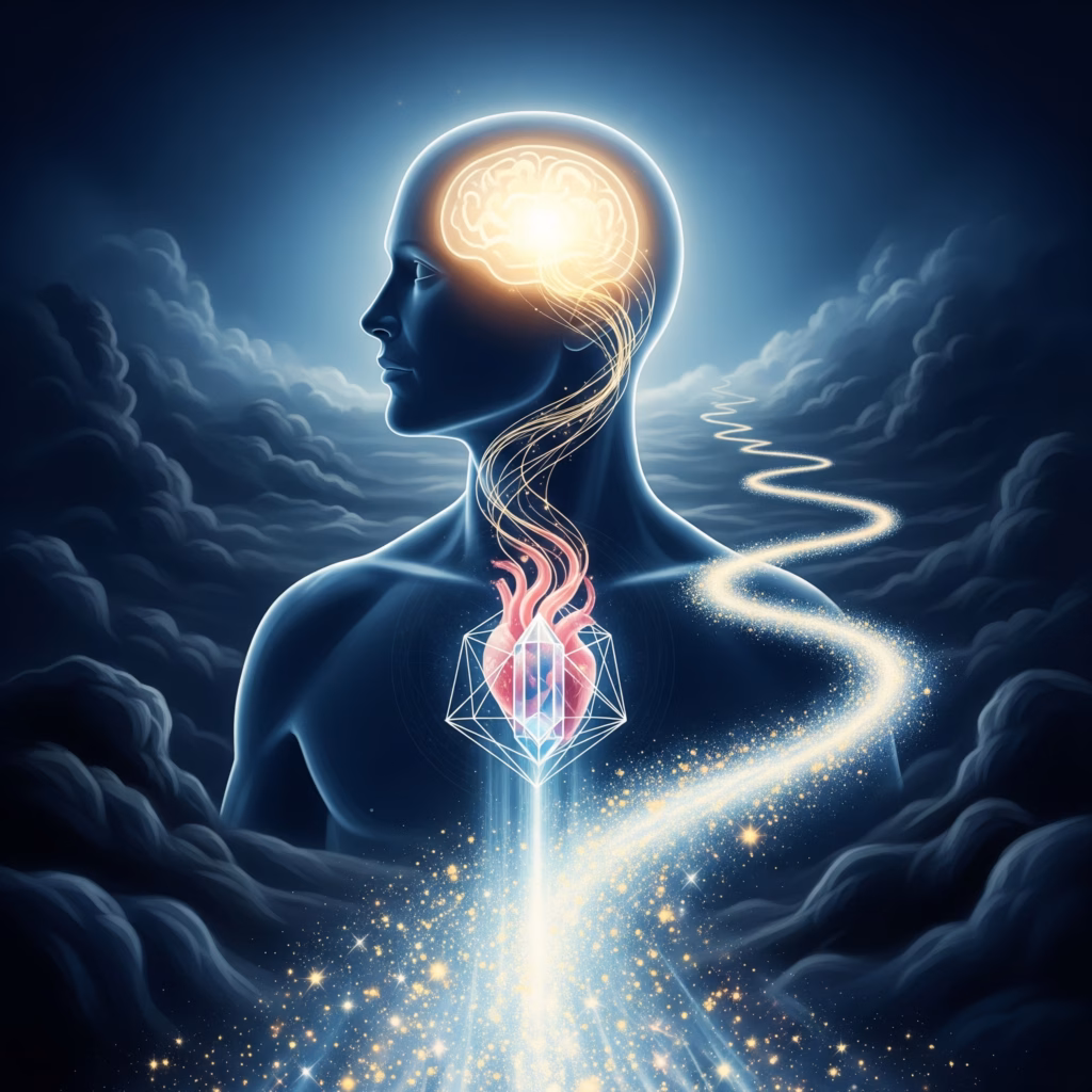 Symbolic artwork inspired by Rudolf Steiner's Philosophy of Freedom. It depicts a human figure on a path of illuminated, intuitive thinking, leading to inner clarity, spiritual insight, and true freedom, suggesting the concept of 'thinking with the heart'