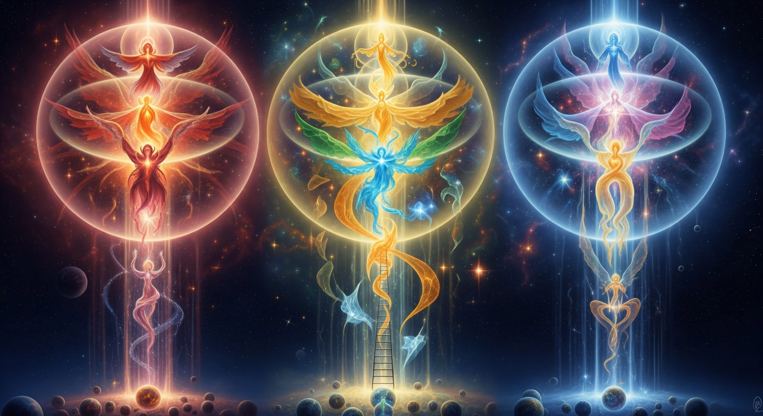 Symbolic artwork based on Rudolf Steiner's spiritual science. It depicts the nine ranks of Spiritual Hierarchies (Angels, Archangels, etc.) arranged in three triads, showing their roles in guiding cosmic and human evolution with divine wisdom and love, within a luminous spiritual cosmos.