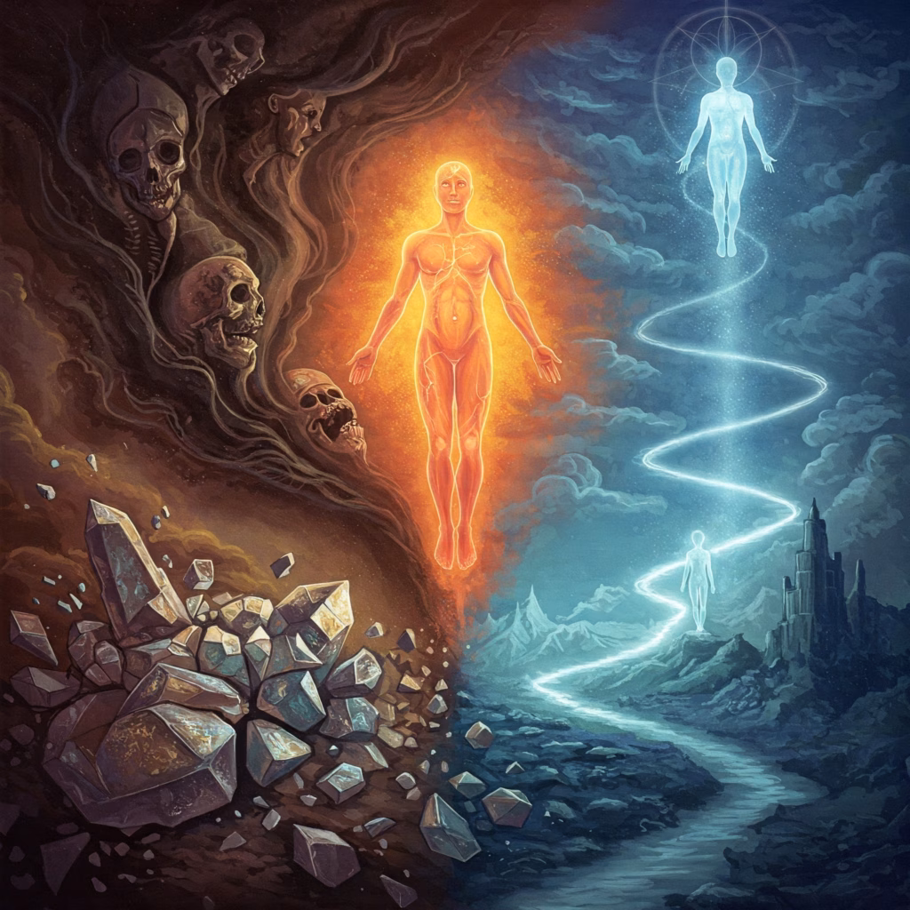 Symbolic Anthroposophical image of afterlife: a soul amidst swirling forms of Kamaloka purification, contrasted with hardened structures representing the Eighth Sphere below and a path towards spiritual light above. Steiner concept of hell/afterlife.
