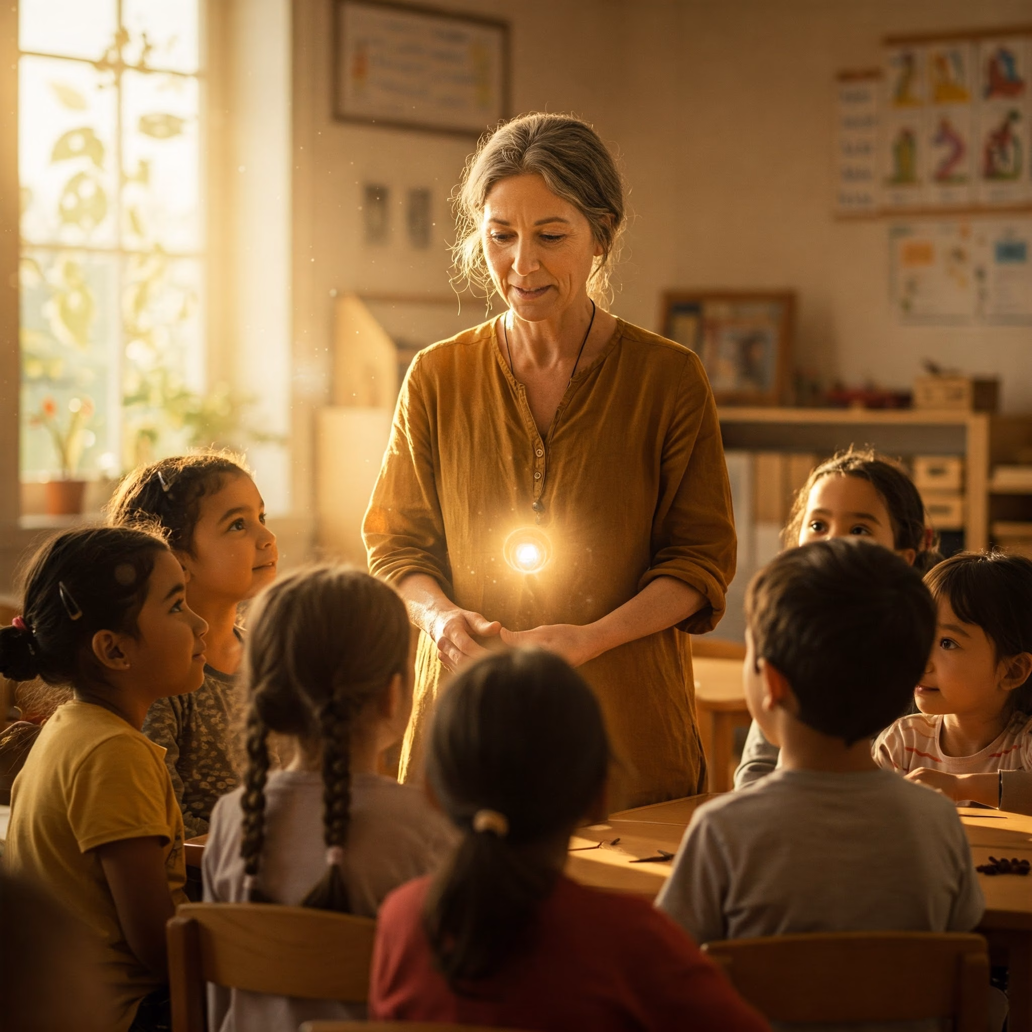 Teacher radiating calm authority, representing the Rudolf Steiner teacher inner path