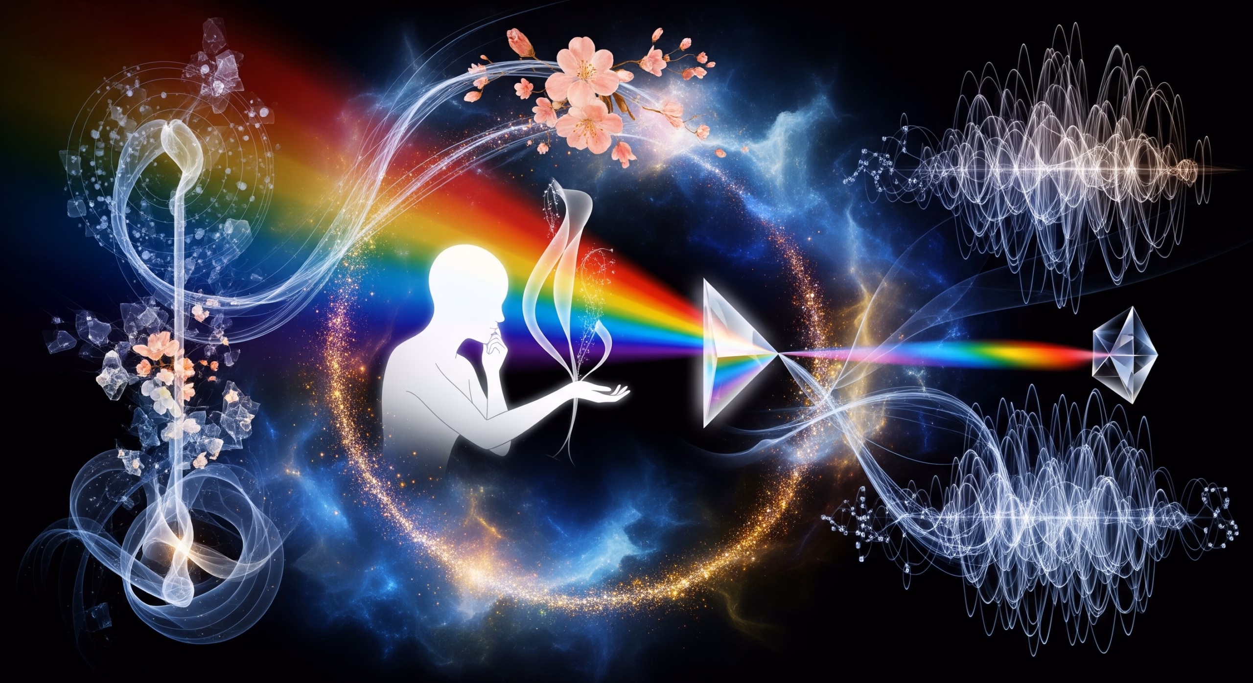 Symbolic artwork inspired by Rudolf Steiner's 'Light Course.' It depicts a human figure engaging in Goethean observation of light, color, and physical phenomena, revealing their spiritual-scientific nature and the interconnectedness of spirit and matter."