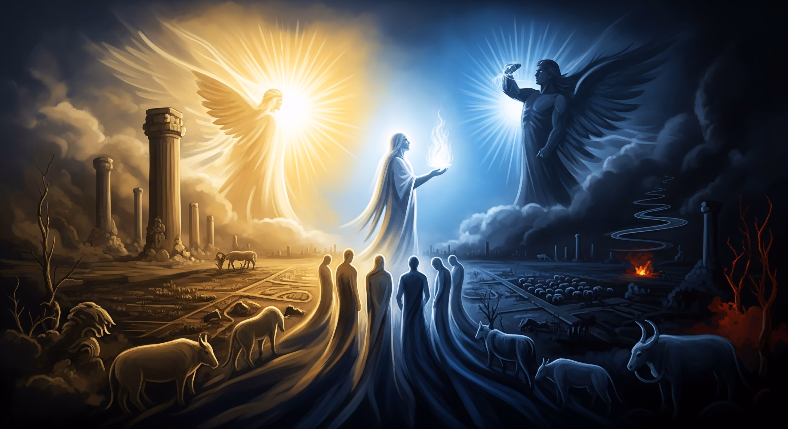 Symbolic artwork based on Rudolf Steiner's spiritual science. It depicts Zarathustra mediating the Persian mysteries, with Ahura Mazda (Spirit of Light) opposing Angra Mainyu/Ahriman (Spirit of Darkness), illustrating the ancient cosmic struggle and humanity's moral choice