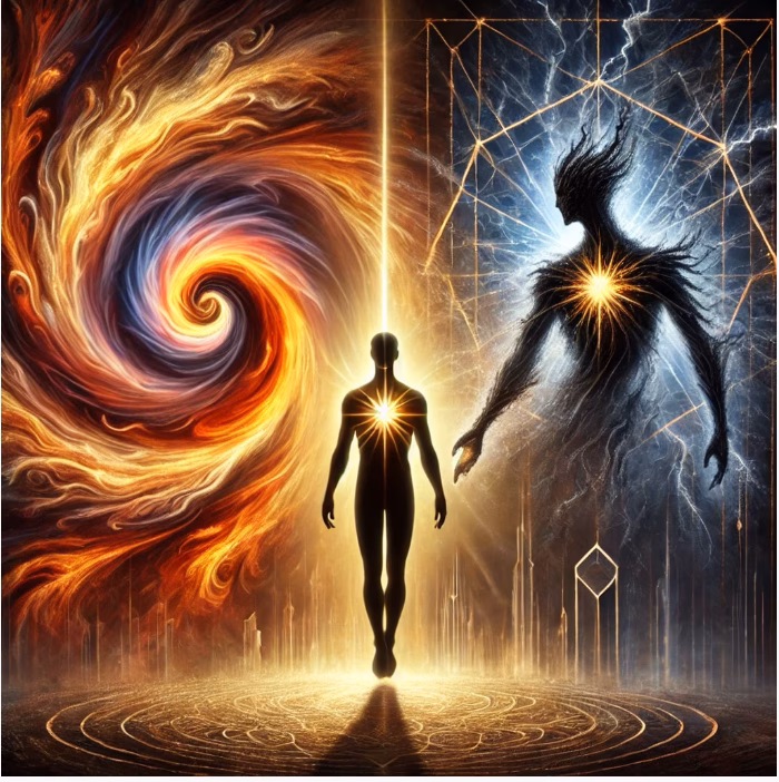 A symbolic image showing what Lucifer and Ahriman gain from humans: a balanced human figure resisting the pull of fiery illusion and cold intellect.