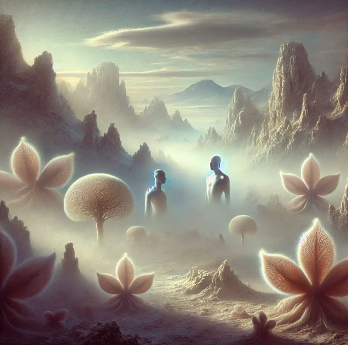A depiction of the Lemurian epoch, central to the views of Rudolf Steiner on sexuality, with androgynous figures in a mythical landscape.
