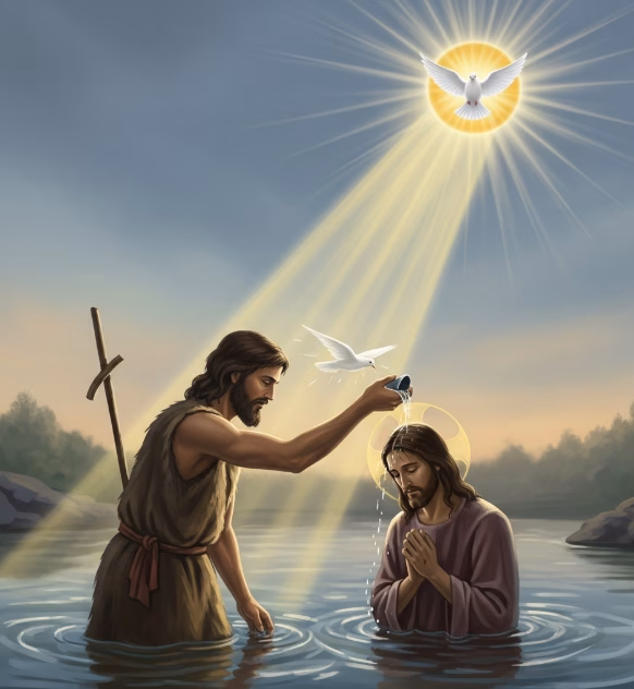 The baptism of Jesus by John, a pivotal moment in the spiritual mission of John the Baptist and the transition to a new age