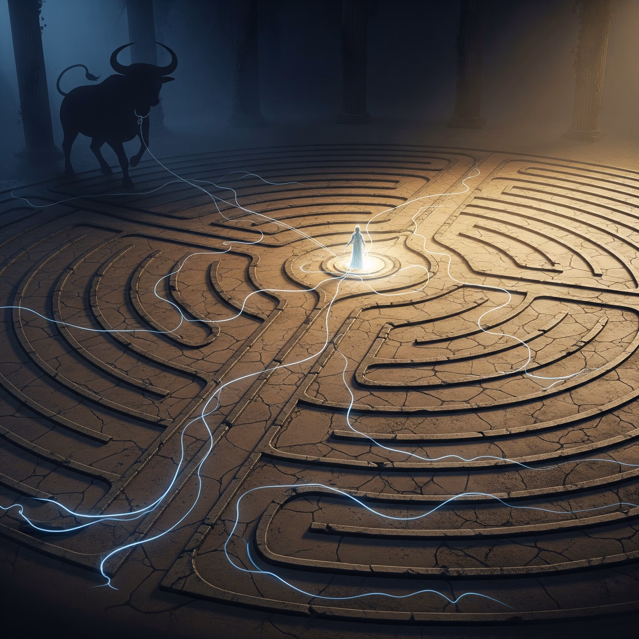 Overhead view of a mystical stone labyrinth illustrating its spiritual meaning, with Ariadne's thread guiding towards an illuminated center and a subtle Minotaur shadow