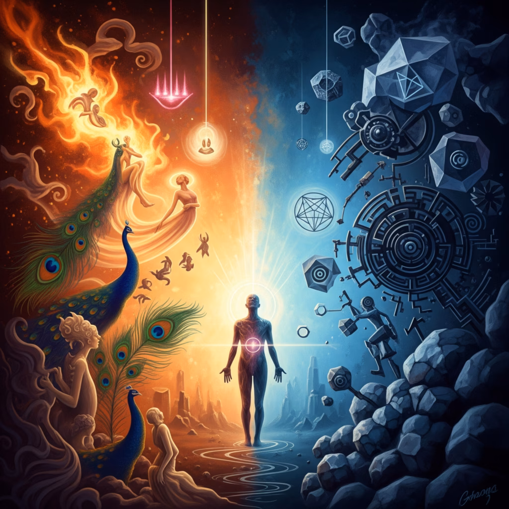 Symbolic artwork based on Rudolf Steiner's spiritual science, depicting a human figure balanced between Luciferic influences (illusory light, pulling upwards) and Ahrimanic influences (dark, rigid forms, pulling downwards) affecting human thinking, highlighting the quest for conscious clarity.
