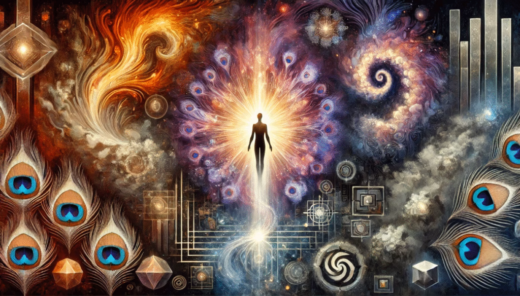 Symbolic artwork based on Rudolf Steiner's spiritual science, depicting a human figure balanced between Luciferic influences (illusory light, pulling upwards) and Ahrimanic influences (dark, rigid forms, pulling downwards) affecting human thinking, highlighting the quest for conscious clarity.