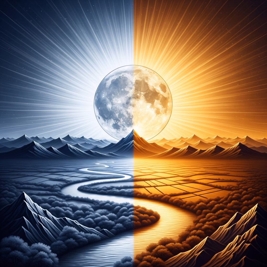 Symbolic art of the Moon and Sun, illustrating the transition from Yahweh's reflected light to the direct light of Christ, based on the insights of Rudolf Steiner.