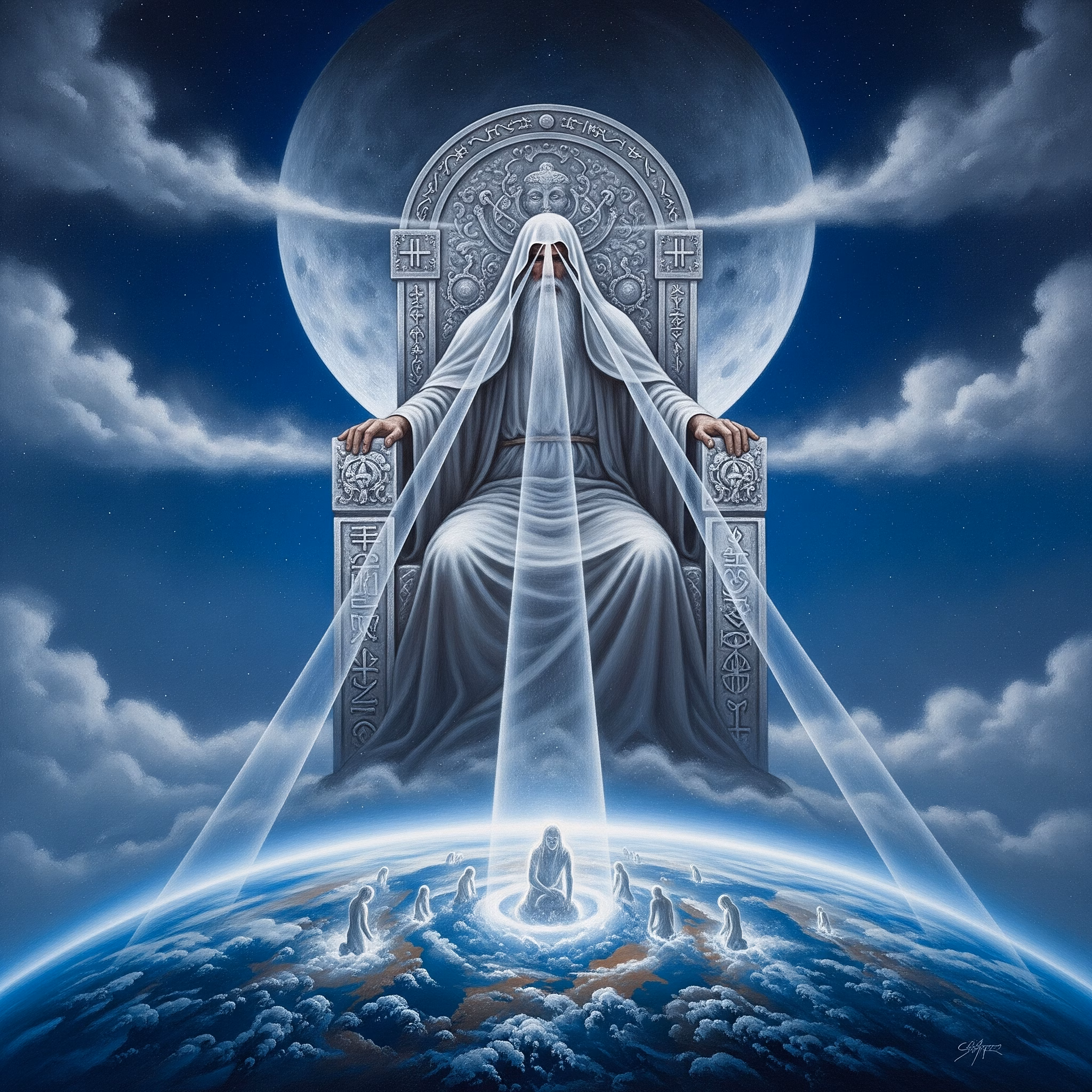 Symbolic art showing the spiritual-scientific view of Rudolf Steiner on Yahweh as a Moon-being giving form to the Earth and humanity.