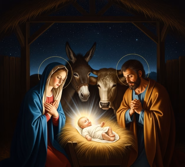 The nativity, capturing the spiritual meaning of the festivals by showing the birth of inner light in the world's deep darkness.