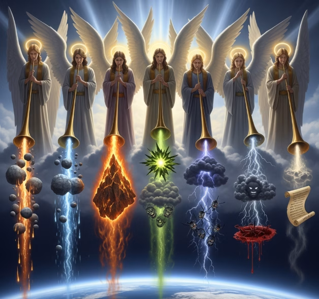 The Seven Angels sounding their trumpets, a powerful symbol of the soul-consequences of history in the Apocalypse.