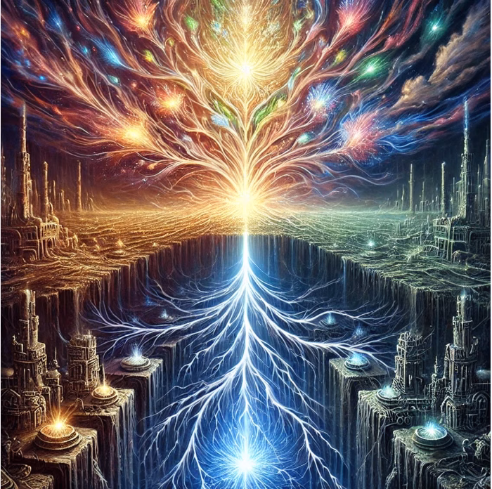 Symbolic art illustrating the spiritual nature of electricity and magnetism as fallen ethers from a higher world